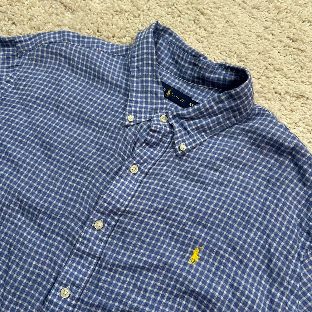 Ralph Lauren Button Down Shirt XXL Blue Gingham Linen Short Sleeve Pony Logo
